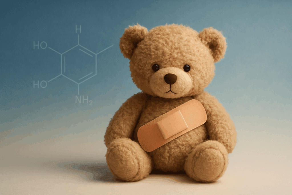 Teddy bear with bandage and dopamine molecule formula representing childhood emotional healing and dopamine and trauma recovery through nervous system soothing and self-compassion.