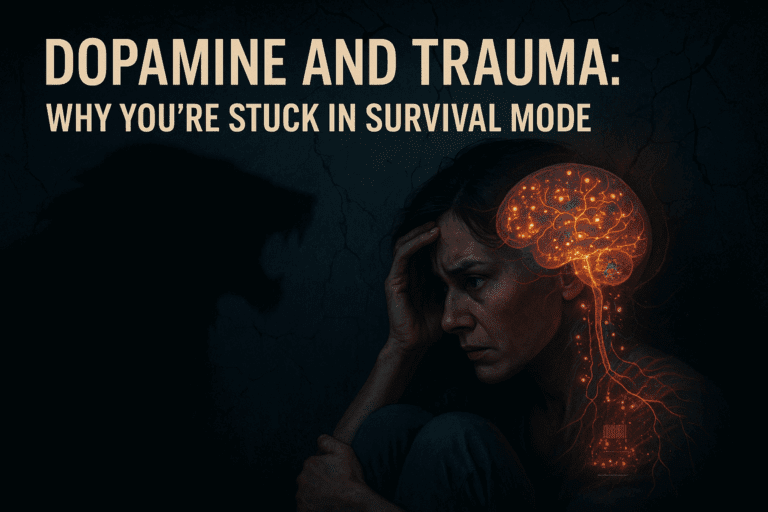 Woman profile with glowing orange brain networks showing dopamine and trauma neural pathways explaining why you're stuck in survival mode and reward dysregulation.