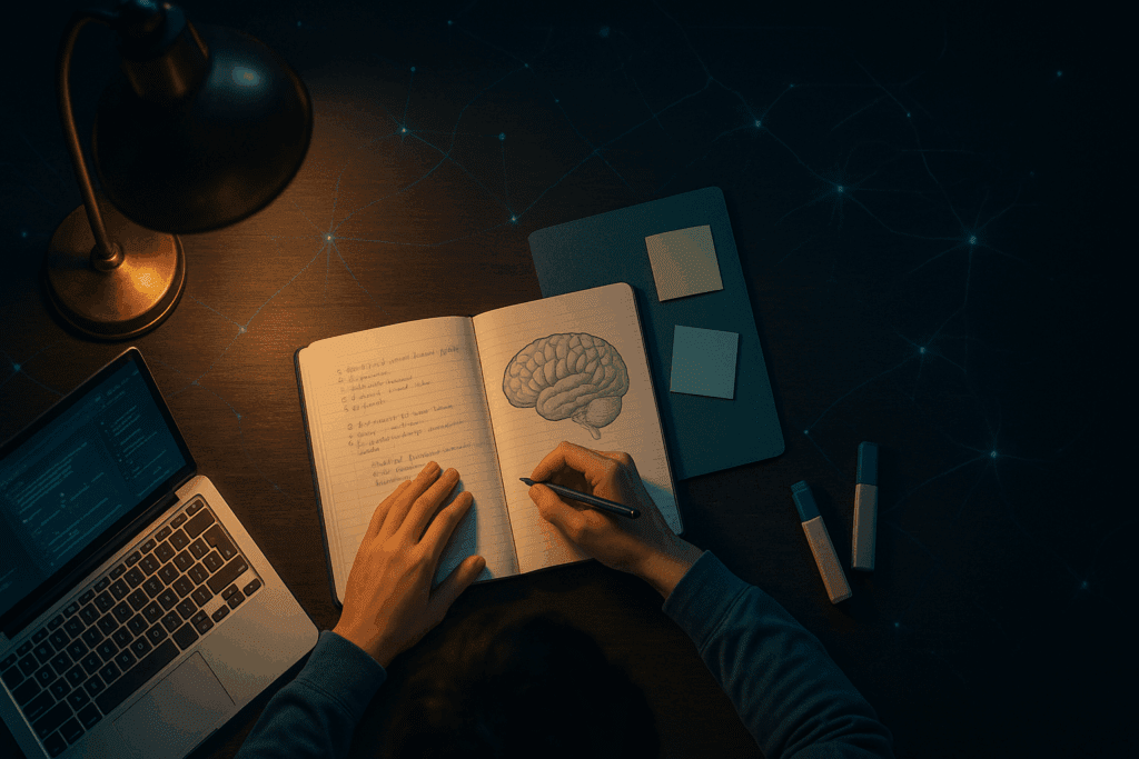 The image provides an overhead view of a student drawing a brain and writing neuroscience notes, surrounded by study tools, thereby visually expressing dopamine signaling for learning.