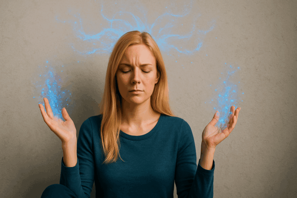 Woman practicing mindset coaching with visual effects representing precision dopamine signaling, neuroplasticity, and mental resilience in personal growth.