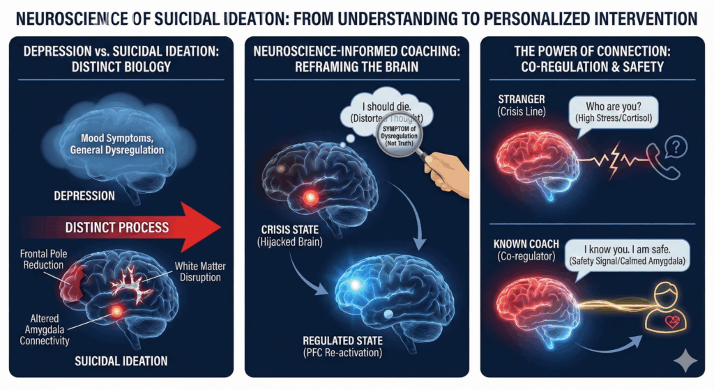 This infographic illustrates the brain differences, reframing, and connections in the neuroscience of suicidal ideation.