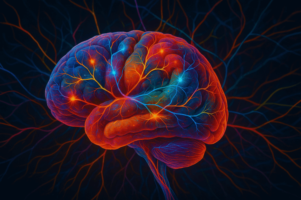 Vibrant brain illustration showing colorful neural pathways and synaptic connections representing neuroplasticity and active brain rewiring through embrace imperfections.
