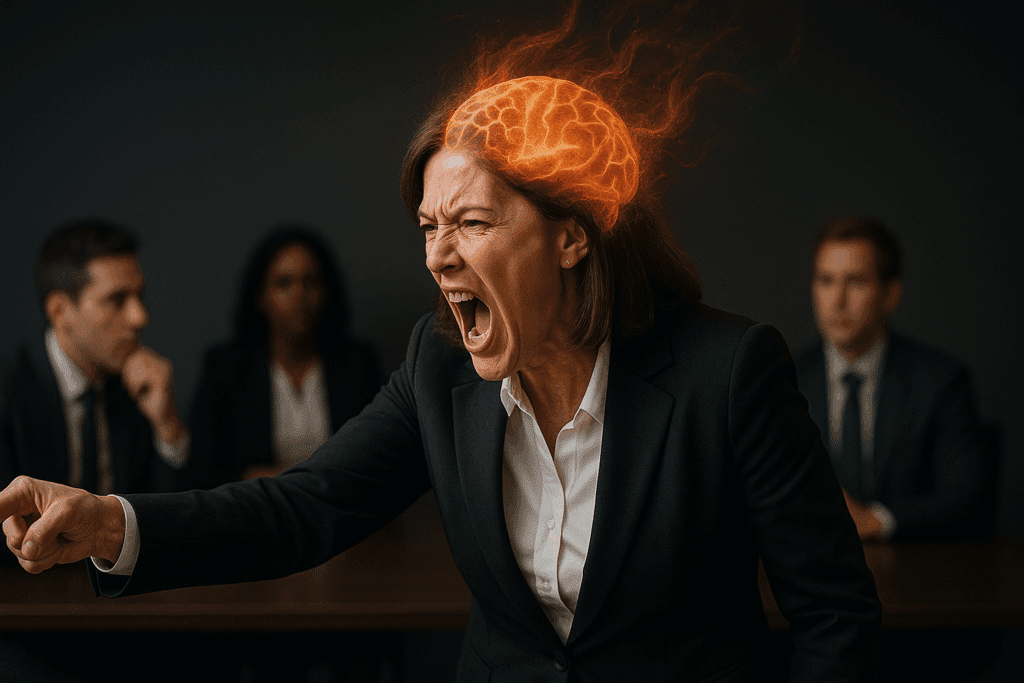 Executive displaying explosive emotional reactivity in leadership moment during meeting, with visible amygdala activation and threat response cascading through her nervous system

