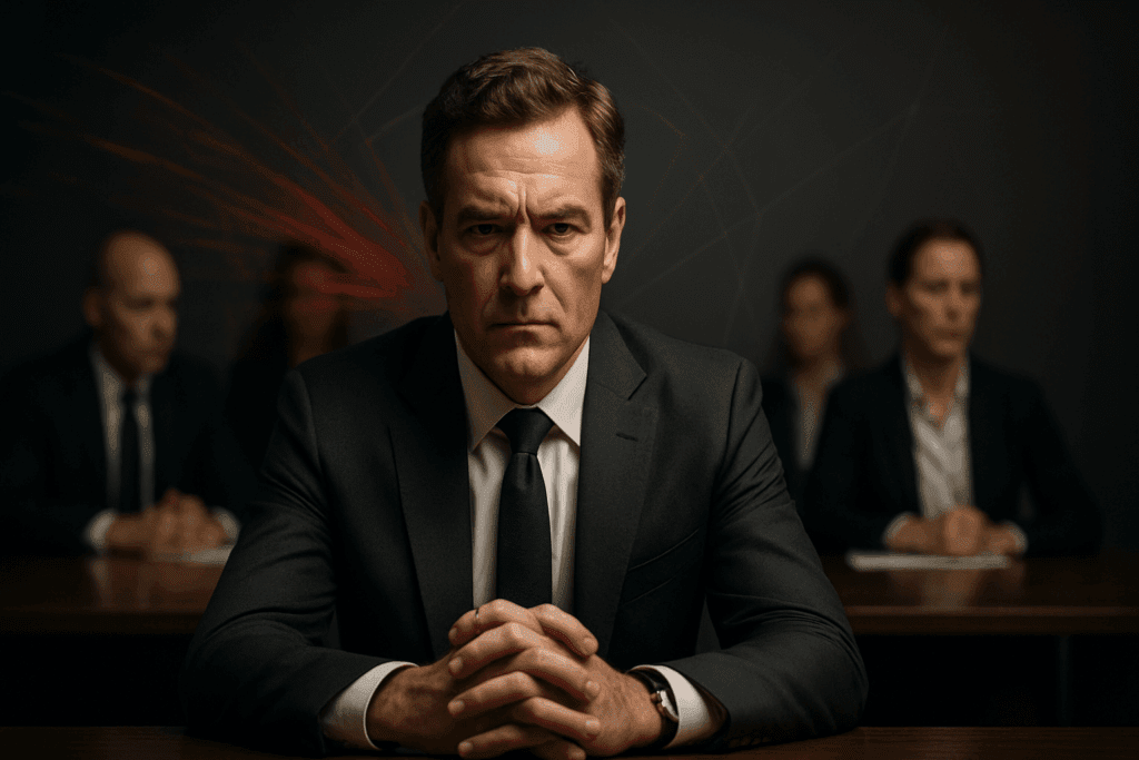 Executive demonstrates emotional reactivity in leadership during high-pressure boardroom meeting with team members observing