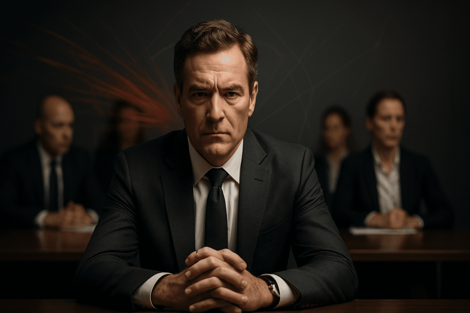 Executive demonstrates emotional reactivity in leadership during high-pressure boardroom meeting with team members observing