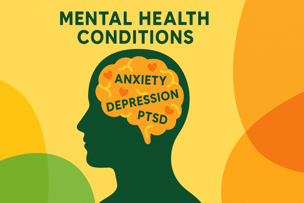 
Mental health conditions brain illustration showing anxiety, depression, PTSD affected by emotional validation in relationships and neuroscience-based healing.