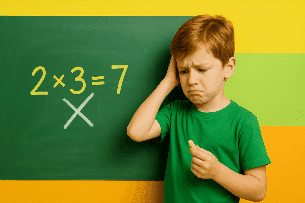 Confused child with wrong math equation showing how emotional invalidation in relationships creates cognitive and emotional confusion, stress, and insecurity.