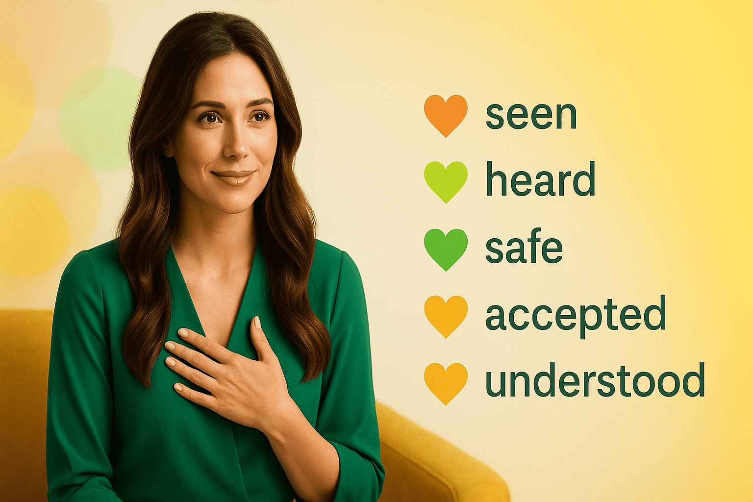 Woman practicing emotional validation in relationships through genuine connection, acceptance, and neuroscience-based technique.