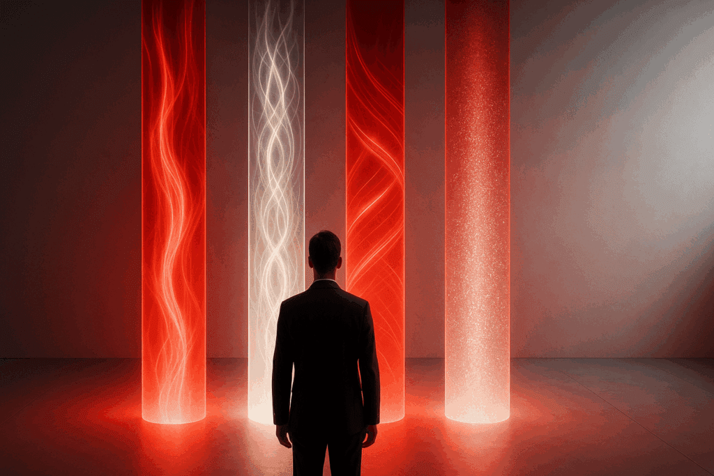 Silhouette of professional man standing confidently among glowing energy pillars, representing nervous system regulation and sustainable performance capacity.