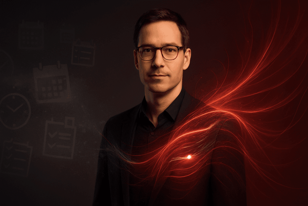 Professional man with glasses and neural energy visualization representing neuroscience-based energy management and dopamine regulation for high-performance leadership.

