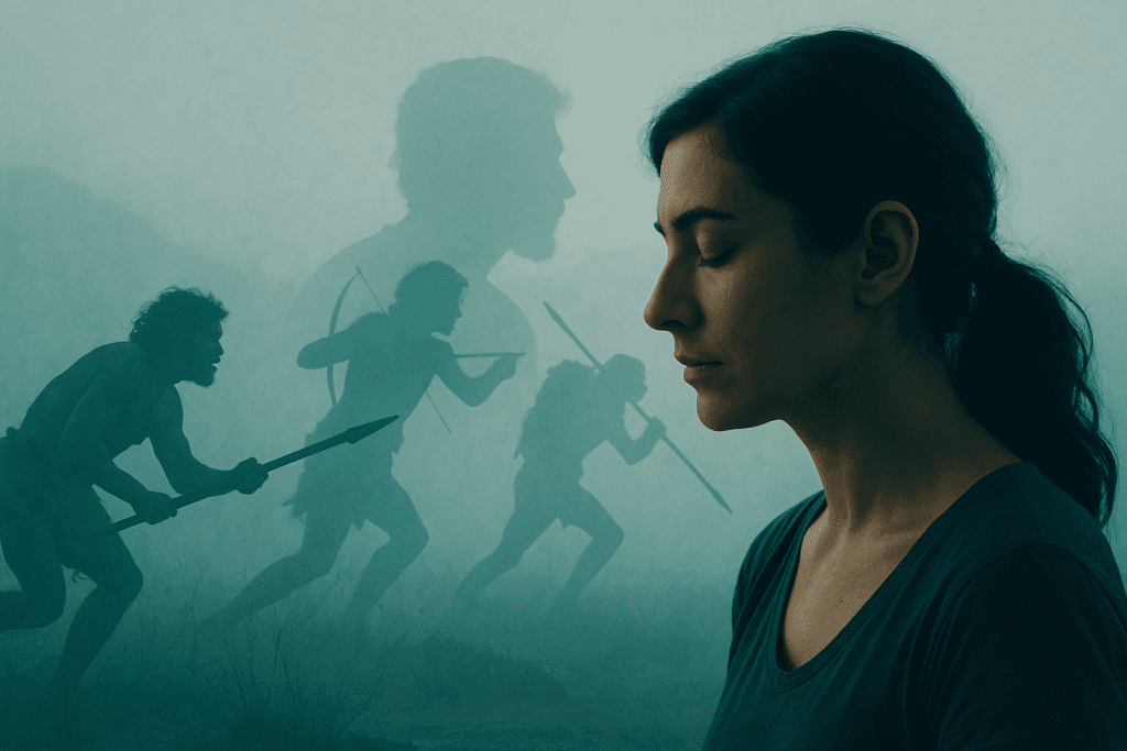 Woman silhouette facing shadowy figures representing ancestral survival responses, illustrating neuroplasticity and how dopamine and trauma evolve through nervous system rewiring.