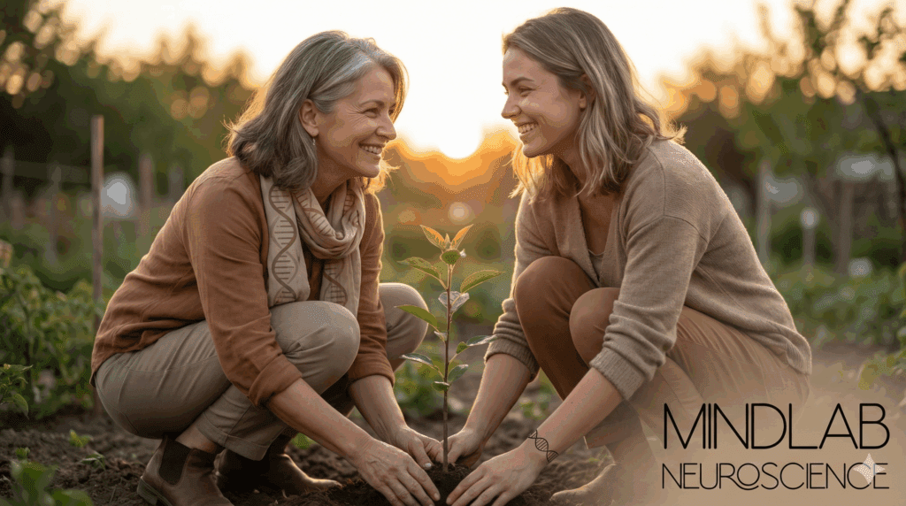 Adult mother and daughter gardening together outdoors at sunset, planting seedling with DNA helix visible, representing generational transmission and evolution in neuroscience of mother daughter relationship.





