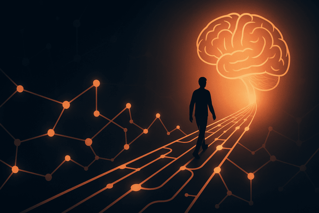 Man walking on neural pathway toward glowing brain symbolizing dopamine and trauma recovery journey and transformation from survival mode to genuine motivation.