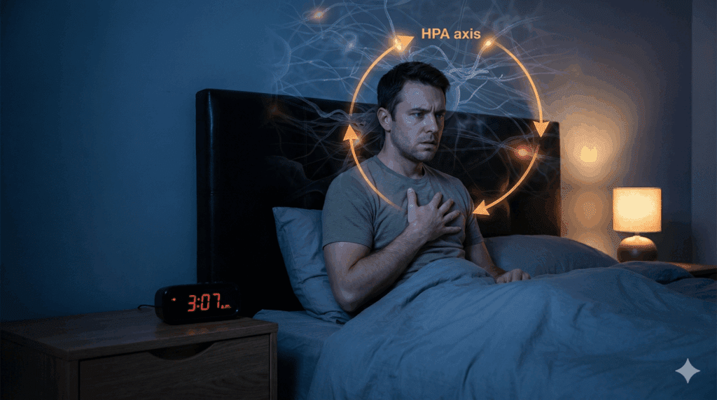 Man sitting up in bed at 3 a.m., hand on chest, neural loop over his head showing Neuroplasticity and The HPA Axis.