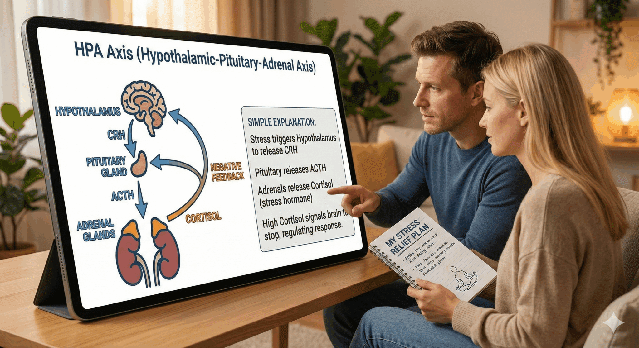 During a neuroscience session, two adults are reviewing a digital diagram of the HPA axis, which depicts the hypothalamus, pituitary, and adrenal glands and neuroplasticity.