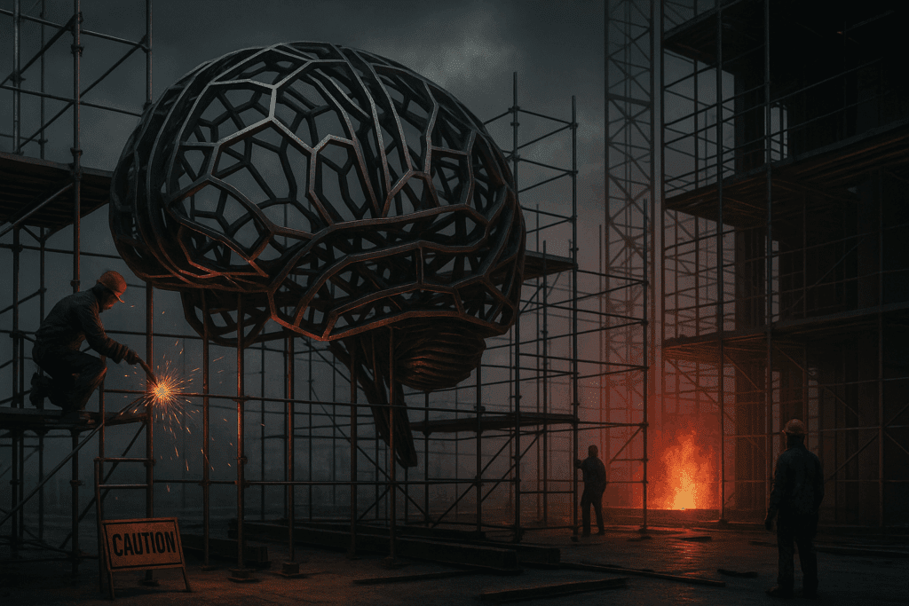 Construction workers building brain structure under pressure, representing how emotional reactivity in leadership develops through repeated threat exposure and neural rewiring