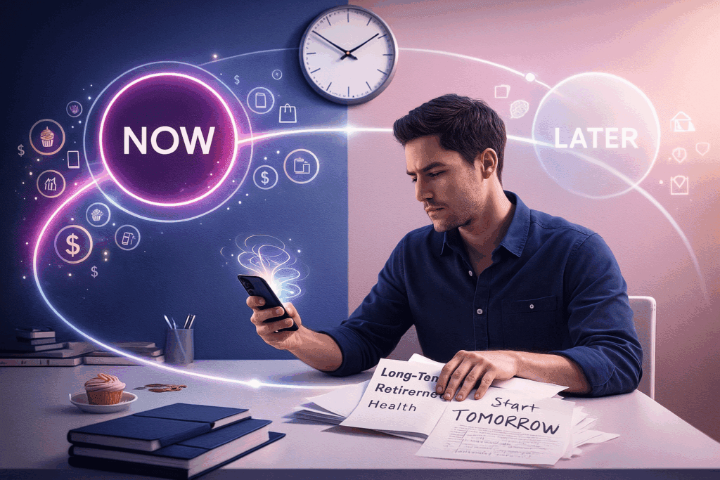 Man choosing immediate gratification over long-term goals, illustrating hyperbolic discounting and neuroscience of behavior change with time and reward visualization
