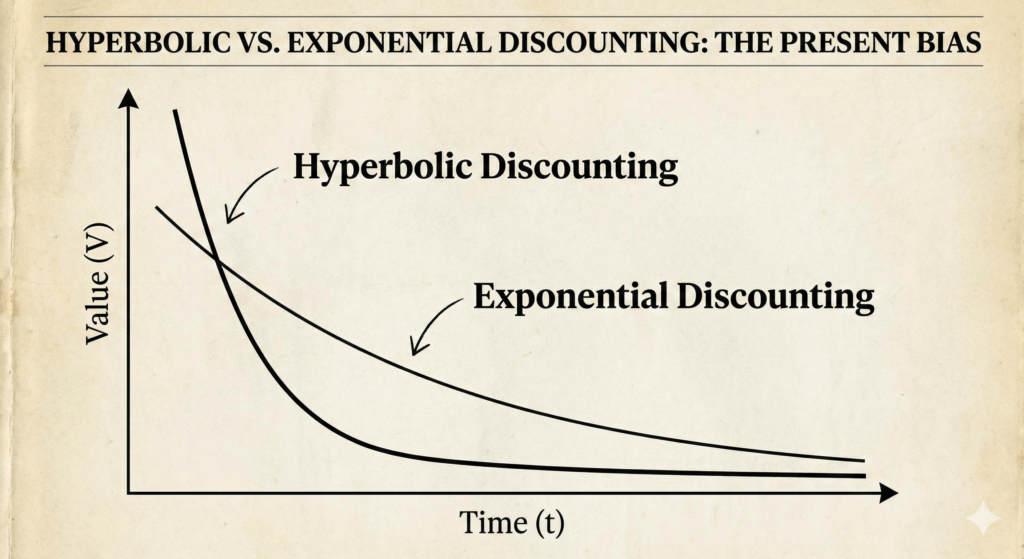 Graph comparing hyperbolic and exponential discounting curves showing present bias in neuroscience of behavior change reward valuation over time.



Understand hyperbolic discounting through this graph showing why the neuroscience of behavior change favors immediate rewards. Future benefits are heavily discounted by the brain despite higher objective value.