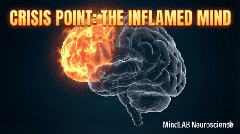 An inflamed brain hemisphere in red glowing light, illustrating neuroinflammation in the neuroscience of suicidal ideation.