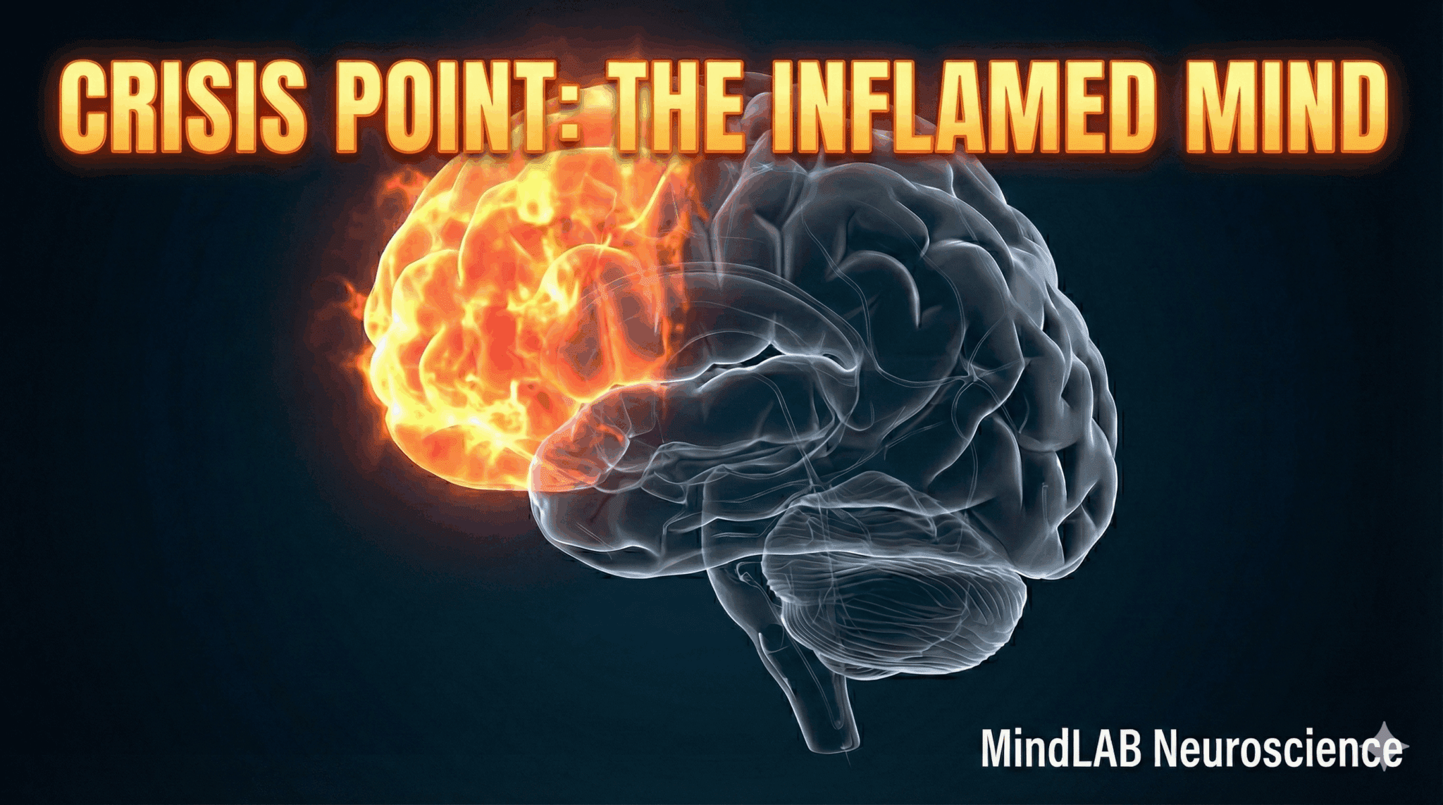 An inflamed brain hemisphere in red glowing light, illustrating neuroinflammation in the neuroscience of suicidal ideation.