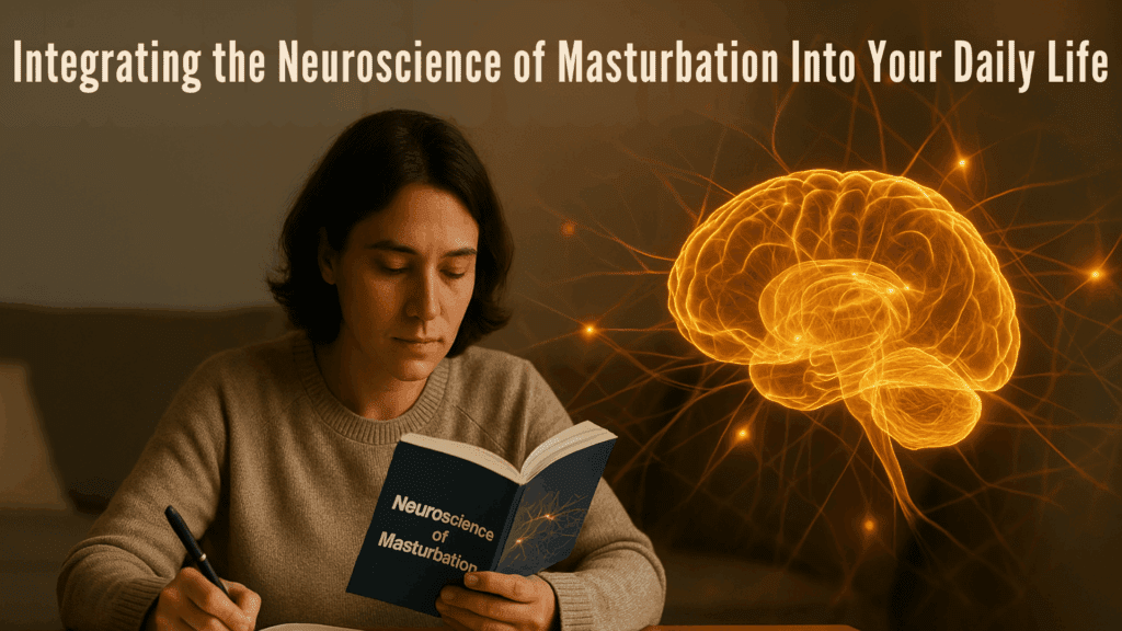 Woman reading book about neuroscience of masturbation with illuminated brain visualization integrating knowledge into life

