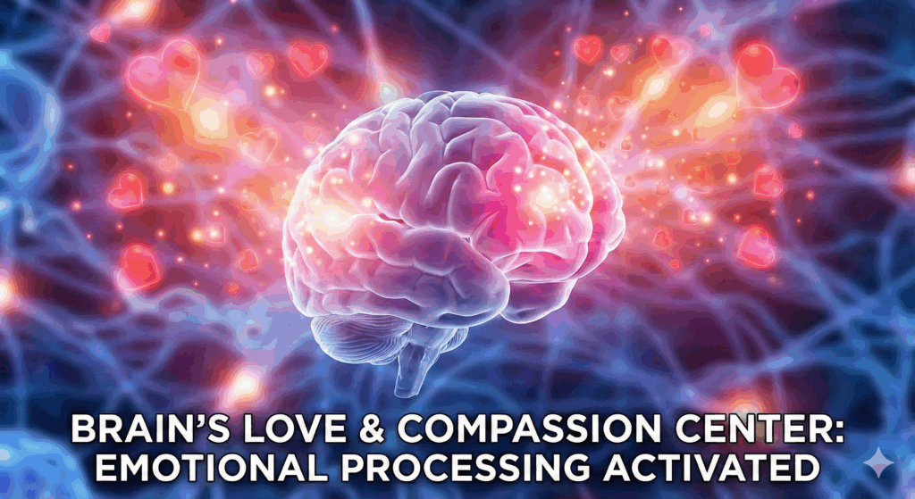 Brain with glowing hearts and love energy showing oxytocin activation during self-pleasure in neuroscience of masturbation