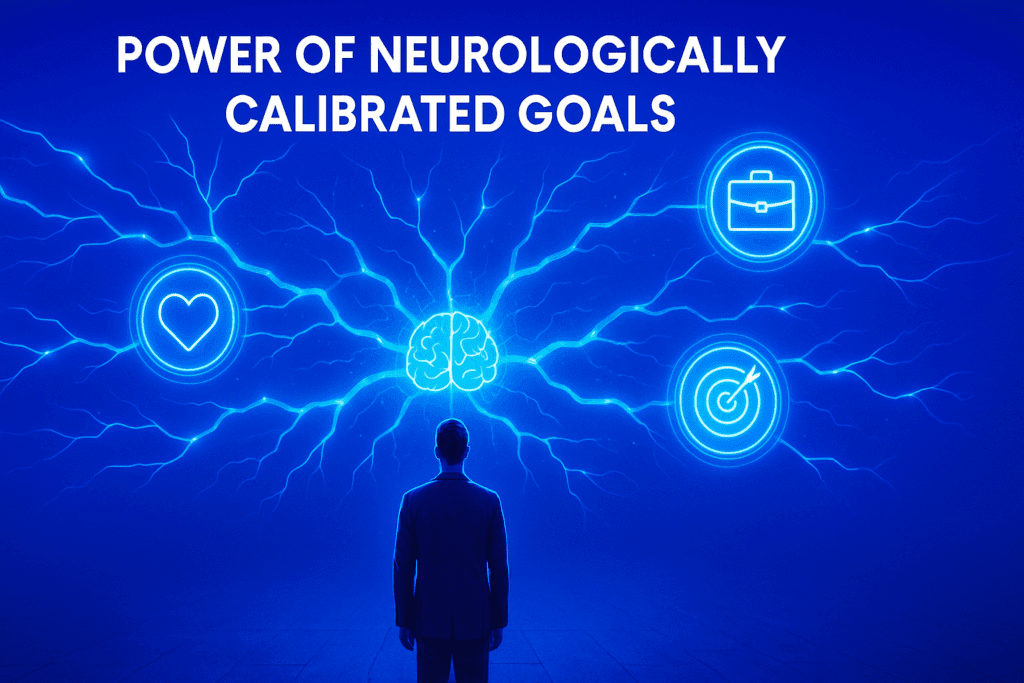 Professional man standing with brain and neural pathways above showing heart, briefcase and target icons representing goal alignment and nervous system calibration.