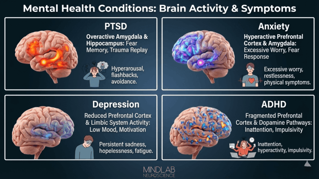 Four brain diagrams showing PTSD, anxiety, depression, and ADHD with specific neural patterns and symptoms addressable through neuroscience-based coaching interventions.