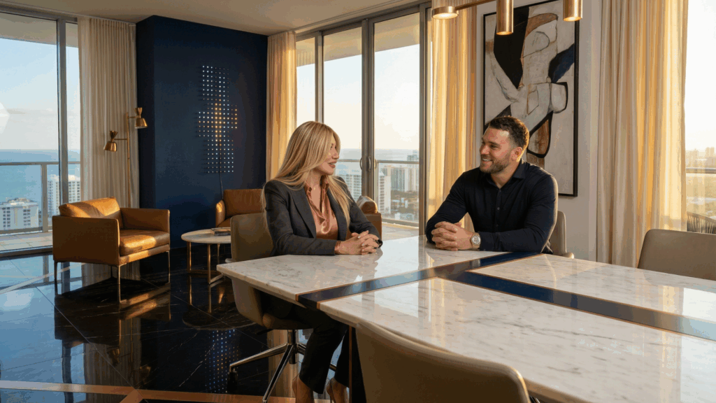 Professional consultation with Dr. Sydney Ceruto, founder of MindLAB neuroscience-based coaching, in luxury high-rise office overlooking the coast.