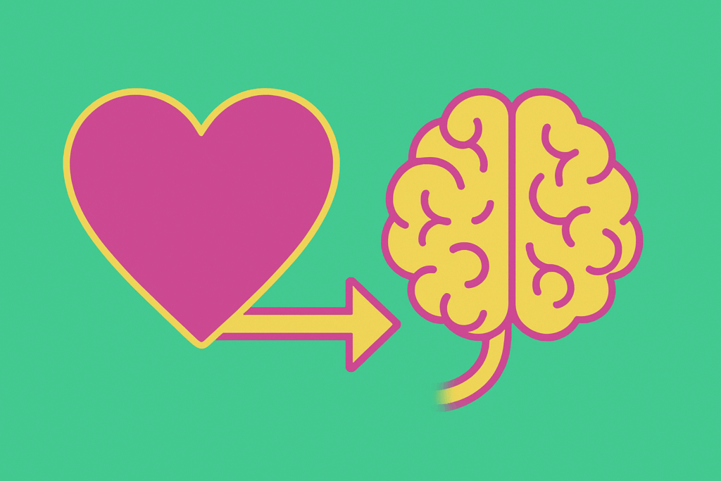 Pink heart connecting to yellow brain with arrow showing neuroplasticity in relationships and brain chemistry bonding.