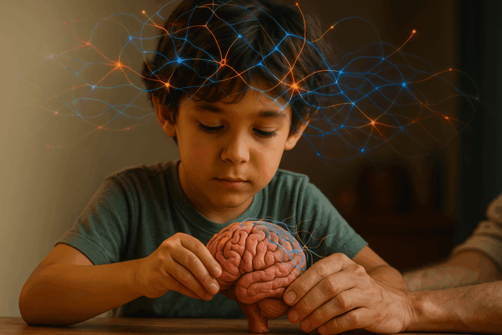Child and adult holding illuminated brain model with neural networks, representing neuroplasticity and intergenerational brain development and shaping.