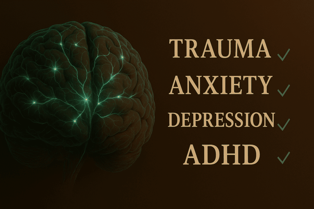 Medical illustration of a human brain wired with neural signals, paired with bold labels for trauma, anxiety, depression, and ADHD conditions.
