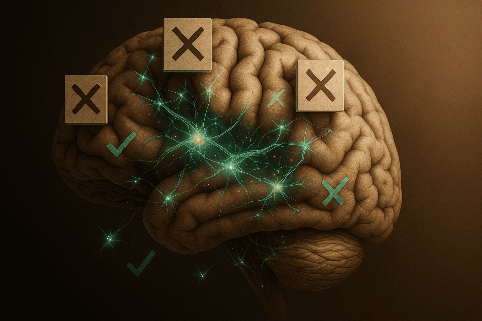 Close-up image of a brain with electric neural activity, overlaid with check marks and X symbols to visualize debunked and real neuroplasticity myths.