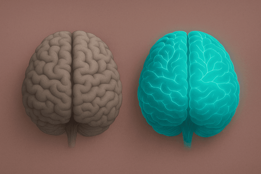 Comparison of two brains, healthy and revitalized, symbolizing neuroplasticity, recovery after trauma, and how to rewire your brain for resilience and enhanced mental health.



