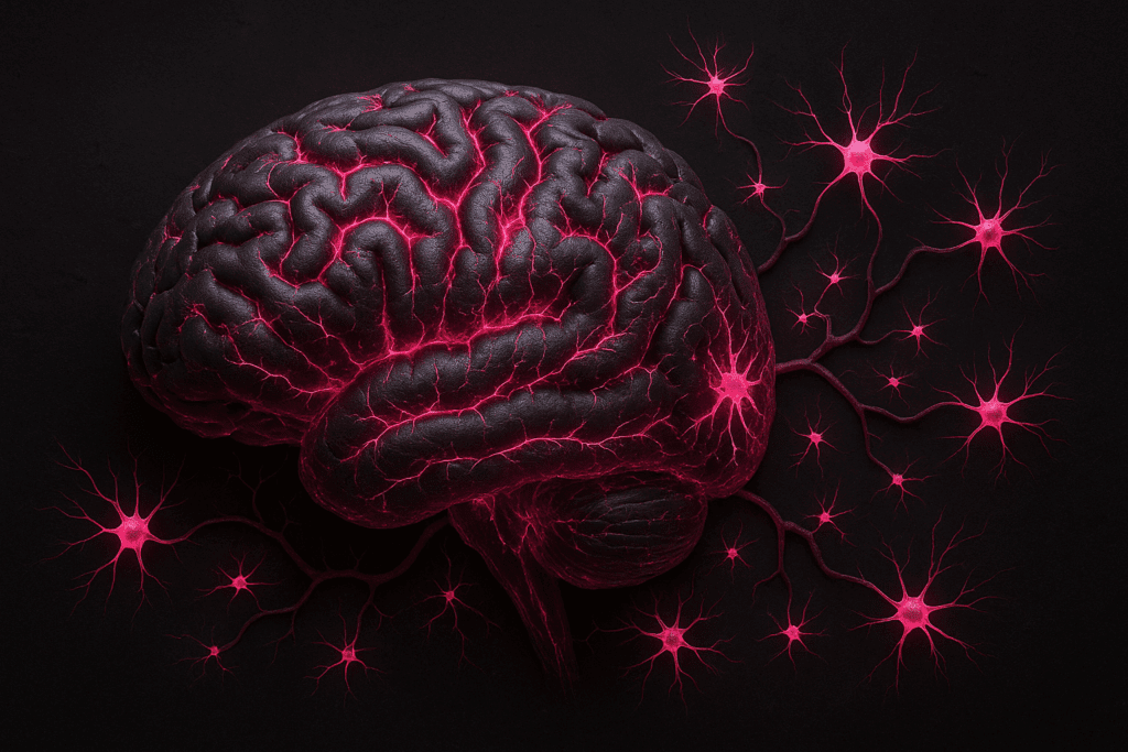 Brain surrounded by flowing pink energy waves depicting how the brain rewires itself through dynamic neuroplasticity and neural reorganization.