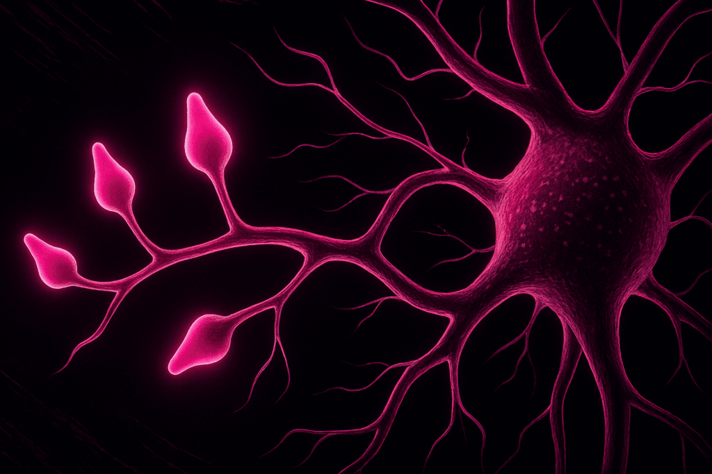 Neurons with glowing pink dendrites showing cellular mechanisms of how the brain rewires itself through synaptic connections and neuroplasticity.