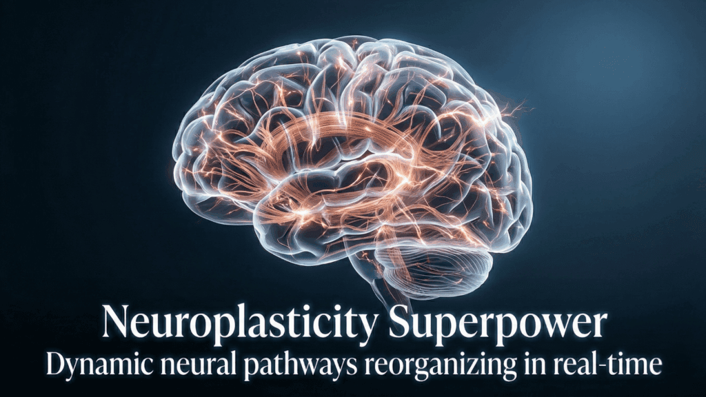 lluminated brain with active golden neural pathways showing neuroplasticity superpower and real-time dynamic neural reorganization enabled by neuroscience-based coaching.



