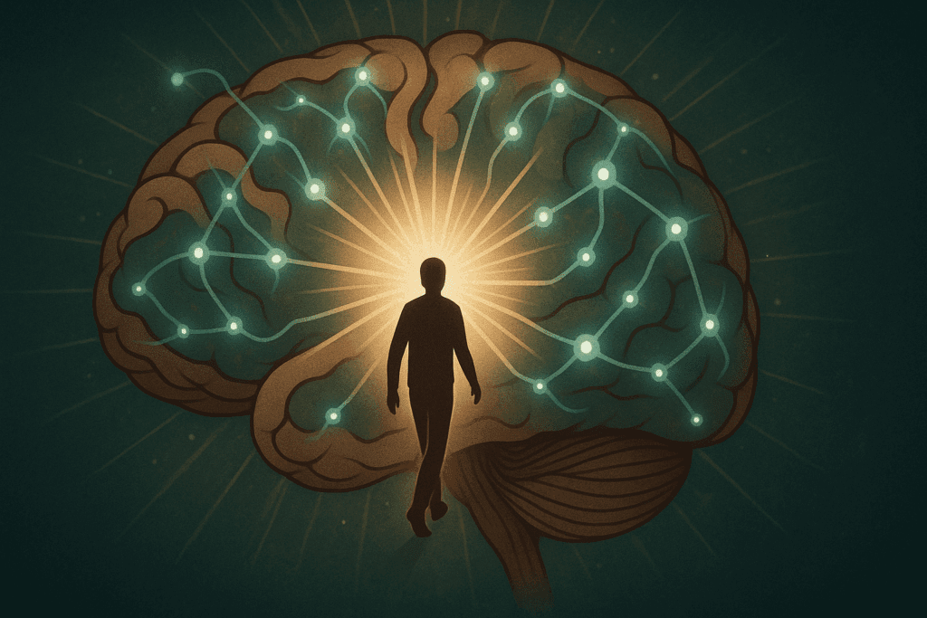Digital illustration of a person walking through a luminous brain filled with connected neural pathways, representing personal transformation.