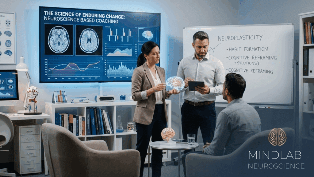 Two professionals presenting neuroscience-based coaching research with brain scans, graphs, and a neuroplasticity diagram showing habit formation and cognitive reframing techniques.



