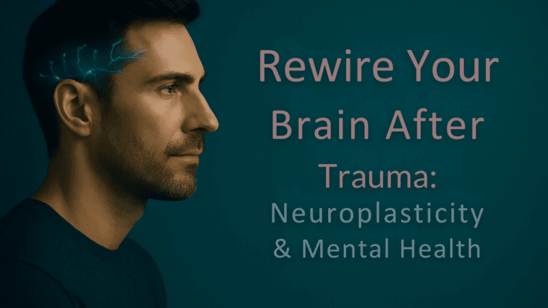 Man in dark shirt with neural pathways glowing along his head, illustrating the science of rewiring your brain after trauma, neuroplasticity, and mental health recovery through advanced healing methods.