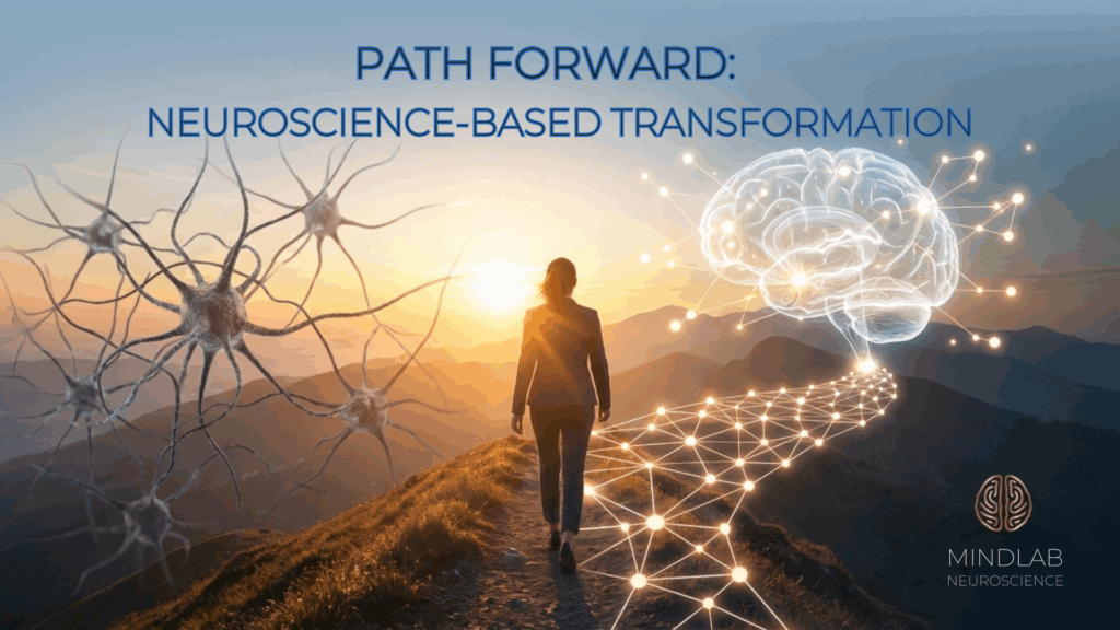 Woman walking mountain path toward glowing brain symbolizing neuroscience-based coaching transformation and journey of neural rewiring for personal growth and sustainable success.