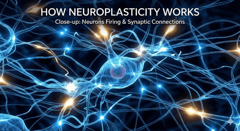 Close-up of neuron firing with synaptic connections and electrical impulses illustrating neuroplasticity mechanisms and neural rewiring in neuroscience-based coaching practice.
