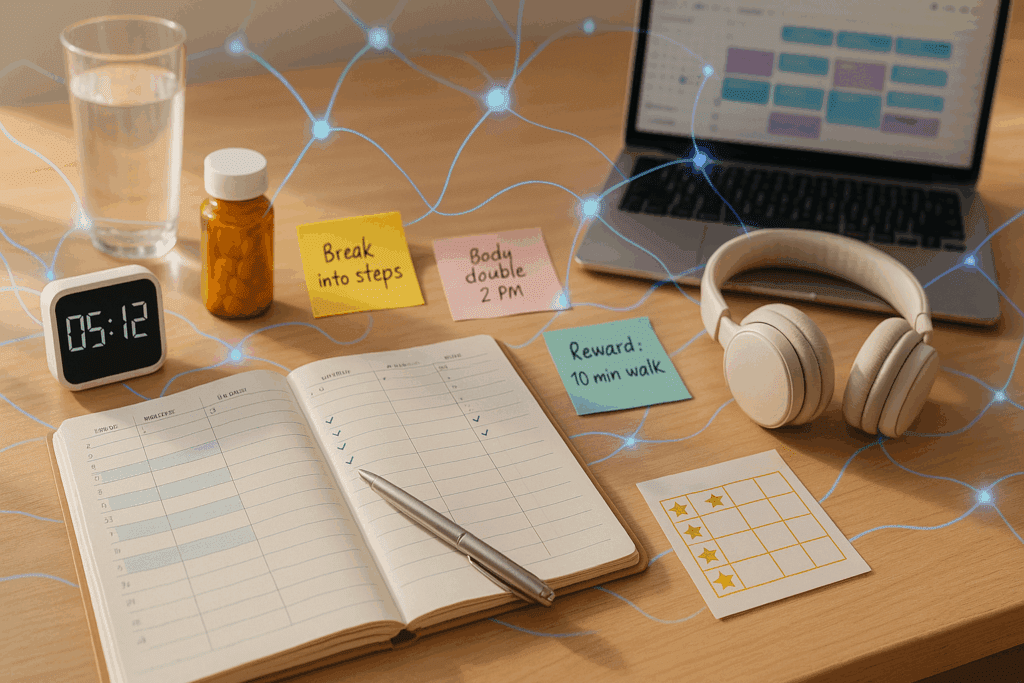 ADHD management workspace displaying neuroscience-based strategies including task tracking, reward systems, timers, and dopamine optimization tools for symptom management.