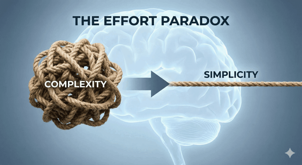 Tangled rope transforming into smooth brain pathway showing effort paradox solution in neuroscience of behavior change simplification strategy





