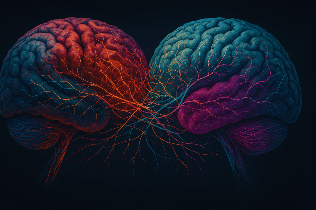 Interconnected brain hemispheres with glowing neural networks showing dopamine pathways in neuroscience of behavior change and integrated brain function systems