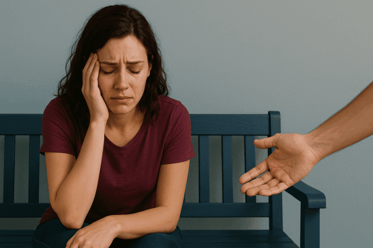 Woman experiencing the neuroscience of behavior change resistance with emotional struggle and offered support for growth