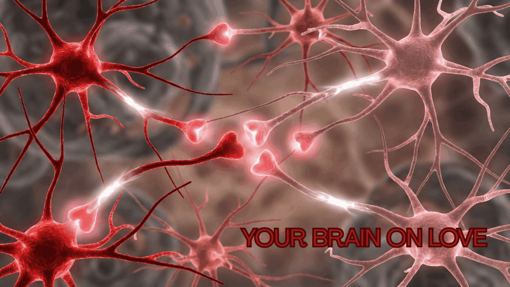 A detailed neural network glowing with warm red light illustrates how emotional connection activates the brain in the neuroscience of love.