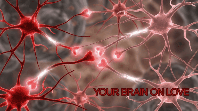 A detailed neural network glowing with warm red light illustrates how emotional connection activates the brain in the neuroscience of love.