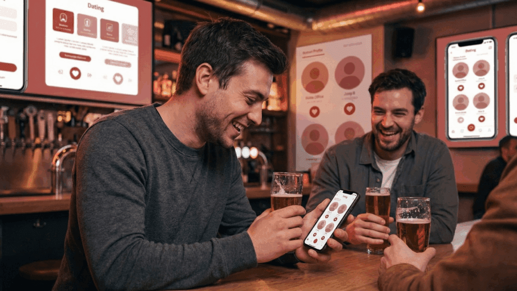 Two men laugh over drinks while exploring a dating app, capturing modern connection and the social dynamics shaped by the neuroscience of love.