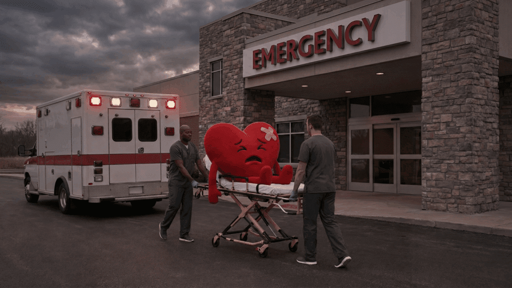 Paramedics wheel a large injured heart character into an emergency room, symbolizing emotional pain explored in the neuroscience of love.